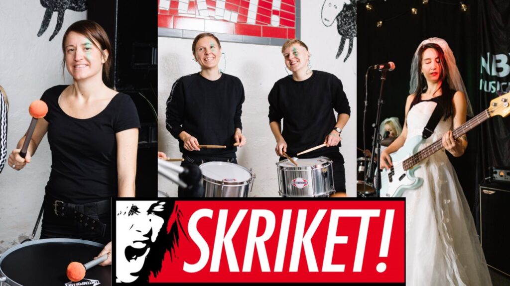 Kollagebild med artister som spelar olika instrument och en logga med ordet SKRIKET.