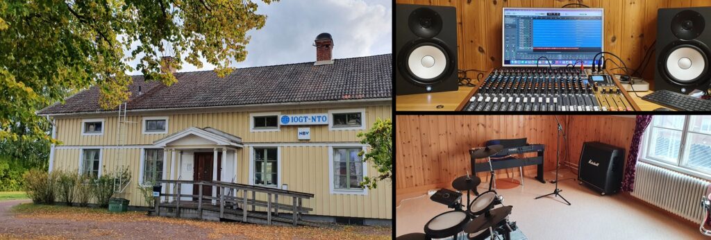 En kollagebild på Gula Villan i Mora, en musikstudio och replokal. 
