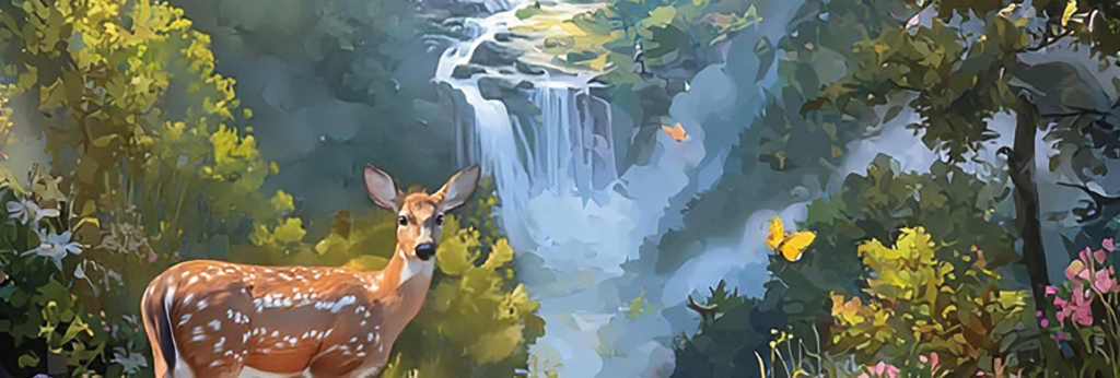 Illustration på ett rådjur i en färglagd skog med ett vattenfall i bakgrunden. Bilden illustrerar årets tema.